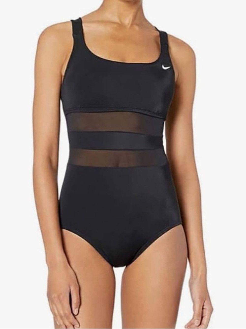 Nike one piece swimsuit black mesh v back swim suit women’s L large bathing suit